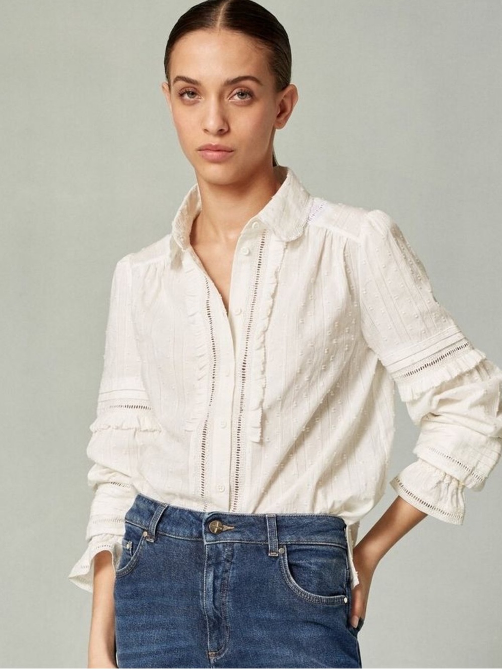 ME + EM Cotton Dobby Lace Insert Long Sleeve Button Down Top Blouse Cream Sz 6